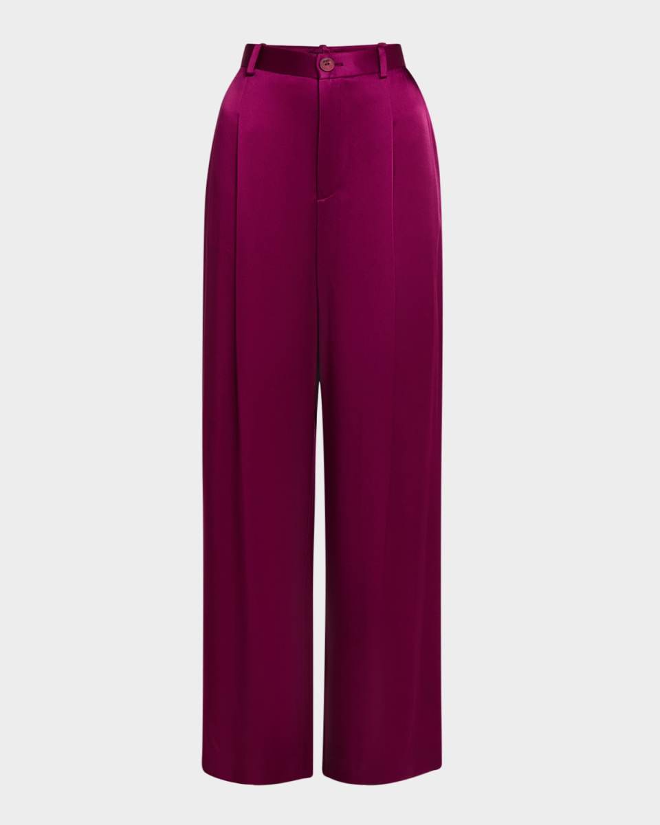 Satin Relaxed-Leg Pleated Pants